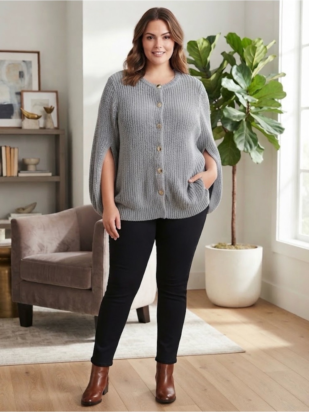 Eloquii Women's Gray Knit Capelet Oversized Cardigan Chunky Sweater Plus 18/20